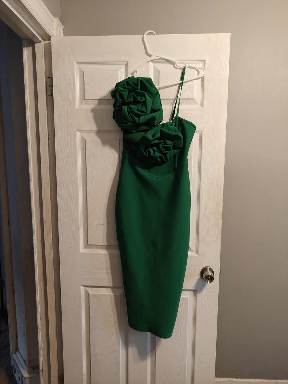 Fashion Nova Green One-Shoulder Rose Appliqué Bodycon Dress